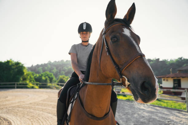 istock Female equestrian riding a horse 1440984282