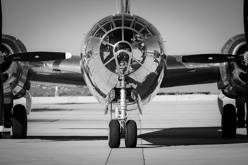 San Diego, California, USA - September 22, 2022: The nose of a B-29 Superfortrees, built in 1944 and named Doc, that sits on the tarmac waiting for tourists to arrive at the 2022 Miramar Airshow.