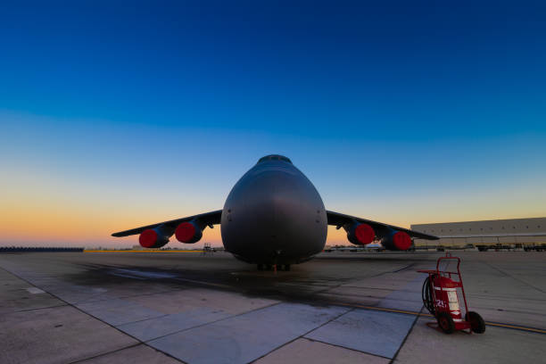 San Diego, California, USA - September 23, 2022: A C5 Galaxy on display, at sunrise before the crowds arrive, at the 2022 Miramar Airshow.