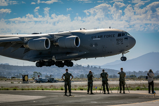 San Diego, California, USA - September 23, 2022: A US Air Force C-17 Globemaster comes in for a landing at the 2022 Miramar Airshow.