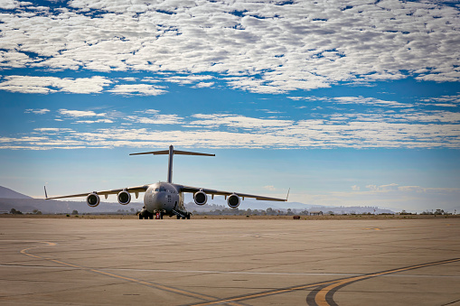 San Diego, California, USA - September 24, 2022: A US Air Force C-17 Globemaster sits on the Tarmac during the 2022 Miramar Airshow.