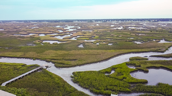 An aerial shot of a marshland on the North Carolina coast