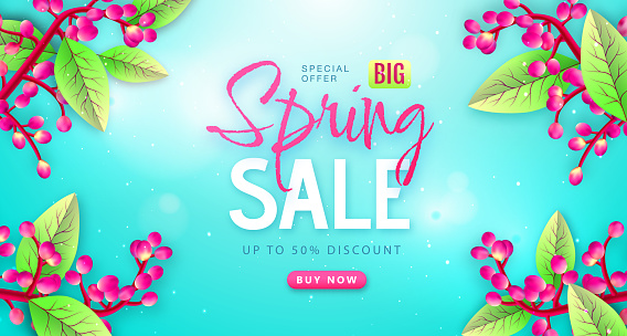 Spring big sale typography poster with flowering branches. Nature concept. Vector illustration