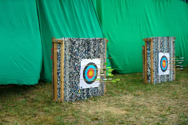 Photo of Closeup shot of archer shooting range with mesh boom catcher