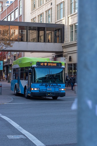 Spokane, United States – June 19, 2019: A vertical shot of the Spokane transit bus in downtown