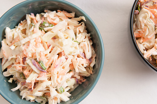 An overhead shot of homemade coleslaw made from local farm fresh cabbage