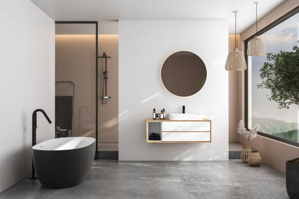современный минималистский интерьер ванной комнаты, современный шкаф для ванной комнаты, белая раковина, деревянный туалетный столик, инт� - bathroom black faucet стоковые фото и изображения