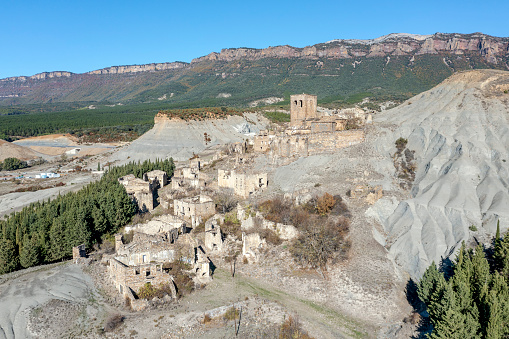 The Deserted Village Esco in Aragon, Spain. Esco was once a thriving village in Aragon in northeastern Spain until the construction of Yesa dam across the nearby Aragon river in 1959.