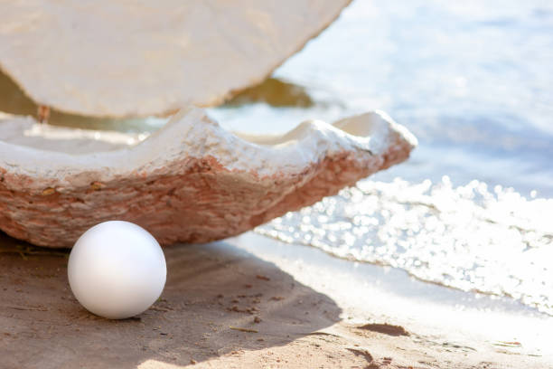 istock decorative open large seashell and a large white pearl, on the beach on a sunny day 1440996444