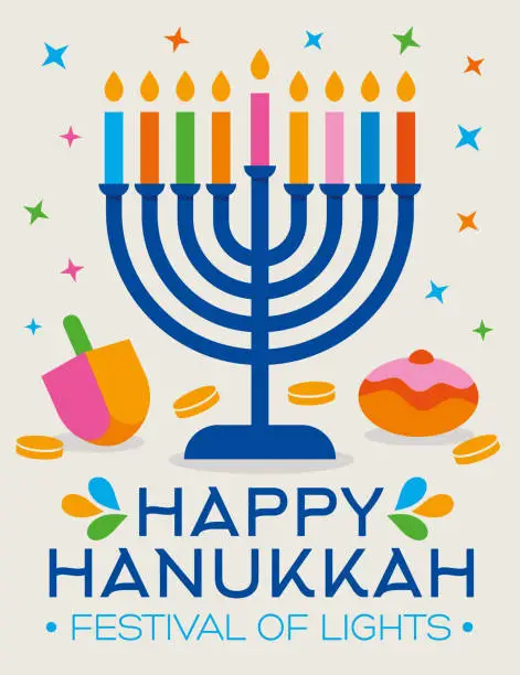 Vector illustration of Hanukkah colorful greeting card - White background with stars- v2