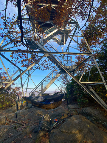 Hammocks hanging on fire tower on mountain top of Appalachian Trail