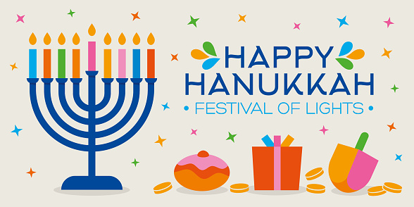 Modern greeting card for Hanukkah. Festival of Lights celebration. White background. Horizontal format.