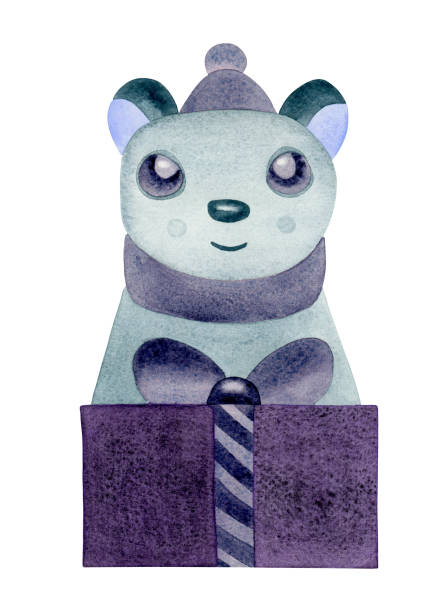преподносится акварельный плюшевый мишка с подарком. акварельная рождественская иллюстрация. иллюстрация может быть использована для диз - gift purple turquoise box stock illustrations