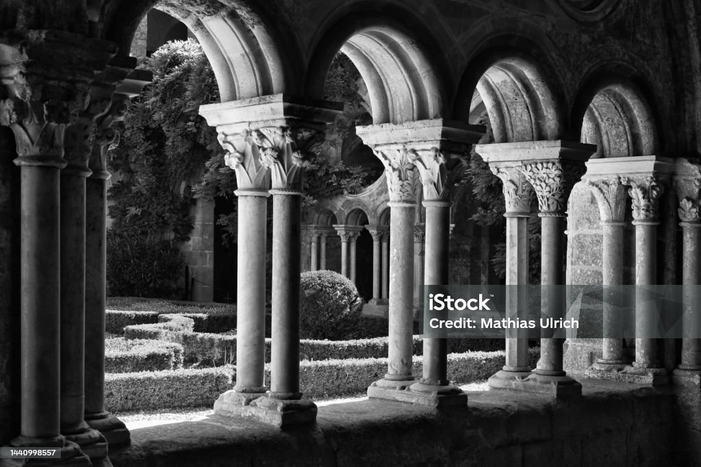 Middle age cloister of Fontfroide Cloister of monastery Fontfroide Abbey - Monastery Stock Photo