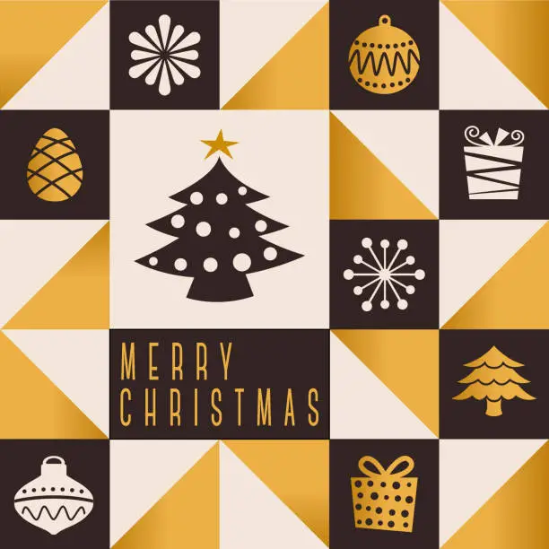 Vector illustration of Geometric Christmas greeting card gold and black - Square format