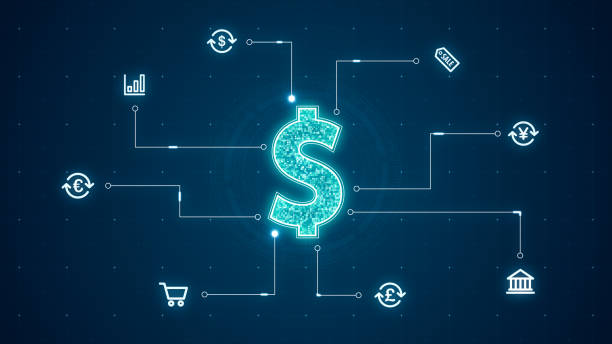 istock Blue digital money LOGO with line connection and data transfer to futuristic icon technology abstract background 1441000308