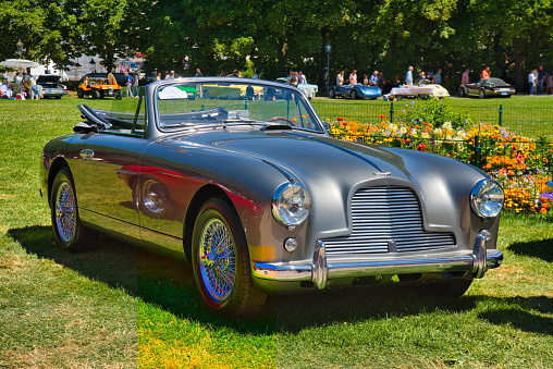Baden-Baden, Germany - 10 July 2022: silver 1956 Aston Martin DB2 4 2.9 Litre Drophead Coupe cabrio is parked in Kurpark in Baden-Baden at the exhibition of old cars \