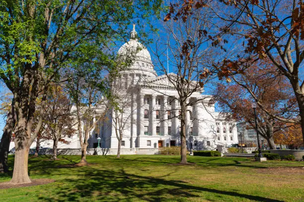 Exterior of the Wisconsin State Capitol Building on a beautiful Autumn morning.  Madison, Wisconsin, USA.