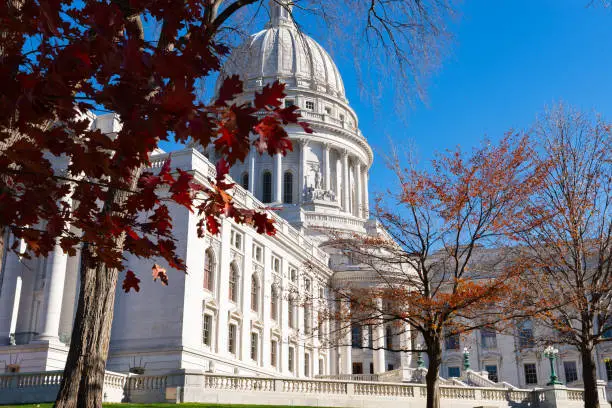 Exterior of the Wisconsin State Capitol Building on a beautiful Autumn morning.  Madison, Wisconsin, USA.