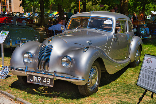 Baden-Baden, Germany - 10 July 2022: silver 130 Bristol 400 1947 is parked in Kurpark in Baden-Baden at the exhibition of old cars \