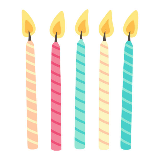 Candles Doodle flat clipart. A set of festive cake candles. All objects are repainted. birthday candle stock illustrations