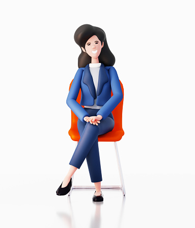 Successful businesswoman sits on the chair and smile. Happy office workers 3D rendering illustration