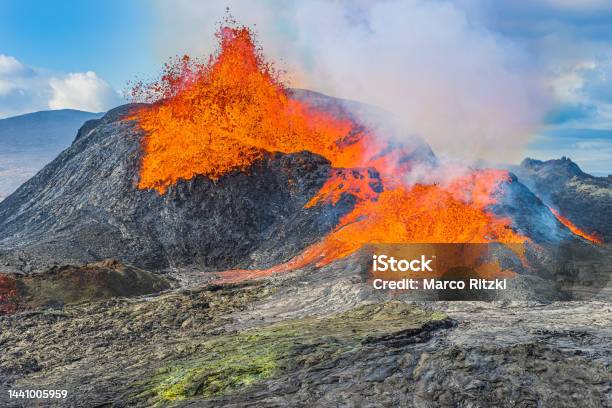 Volcanic Eruption In Iceland On Reykjanes Stock Photo - Download Image Now - Geopark, Reykjanes Peninsula, Accidents and Disasters
