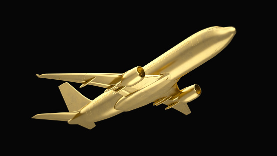 Golden jet passenger's airplane on a black background. 3d Rendering.