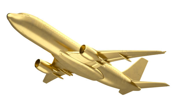 istock Golden jet passenger's airplane on a white background. 3d Rendering. 1441006166