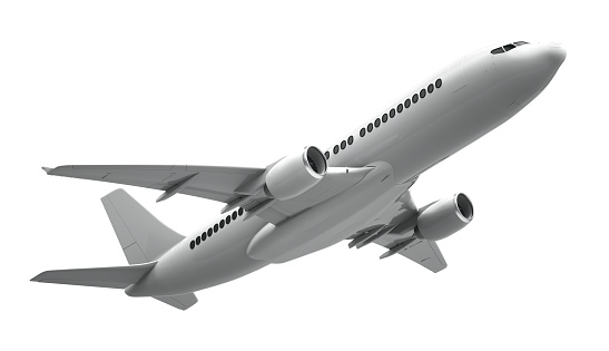 High detailed white plane, 3d rendering on a white background. Airplane take off, isolated. Airline concept. Travel passenger plane. Commercial jet plane.