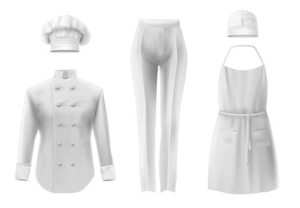 istock Culinary clothing white hat shirt apron pants icon set. Realistic white mockup. Professional suit clothes for cooks jacket for work in restaurant kitchen or cafe. Vector illustration 1441007244