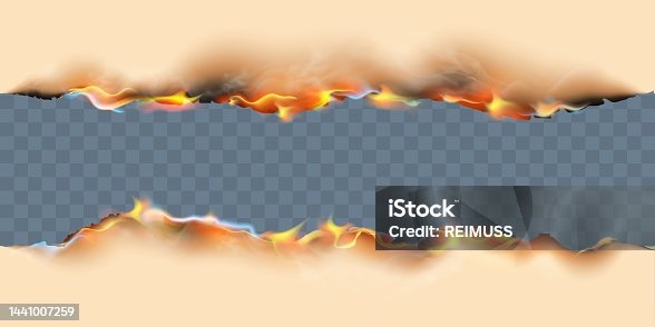 istock Burnt paper realistic set with isolated upper and lower borders of burning sheet with editable text and flames of fire vector illustration on transparent background 1441007259