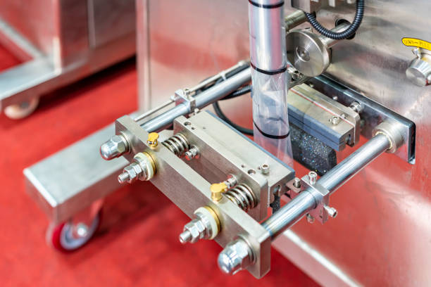 istock close up transparent envelope plastic pouch bag and horizontal sealing and cutting unit of continuous vertical automatic filling and packing machine for goods or food in industrial 1441007976