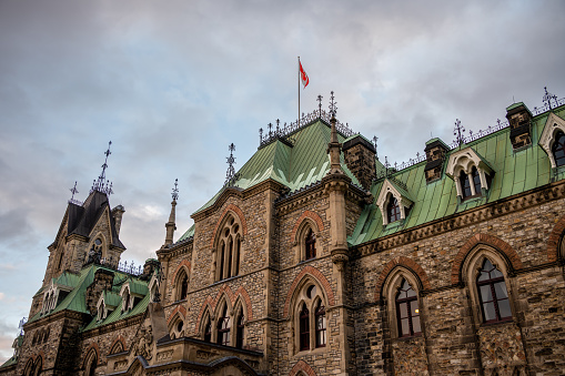 Exterior view of the facade of the East Block on Canada's Parliament Hill in Ottawa.