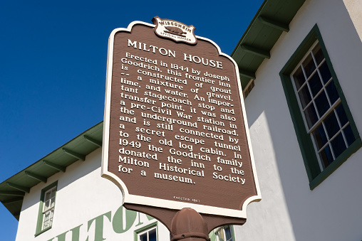 Milton, Wisconsin - United States - November 7th, 2022: The exterior of the historic Milton House, built in 1844 and a stop on the Underground Railroad, in Milton, Wisconsin, USA.