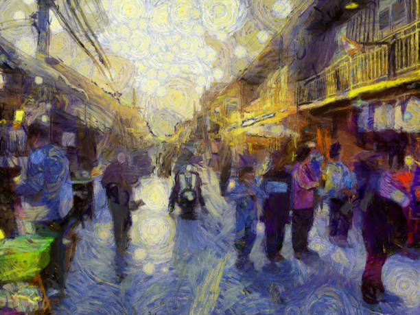 istock Landscape of an ancient trading village in Thailand Illustrations creates an impressionist style of painting. 1441011618