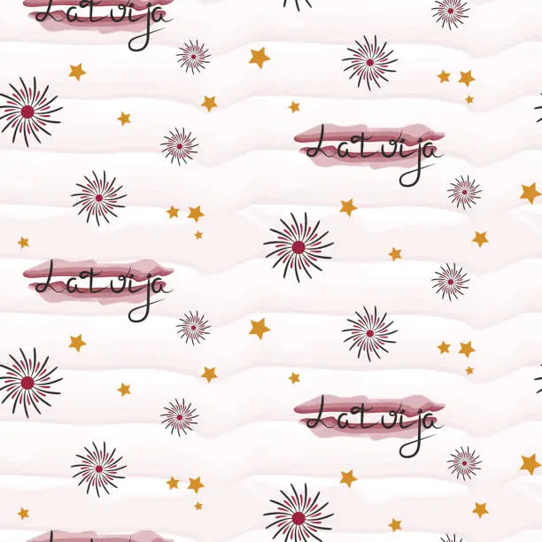 Vector illustration of Festive seamless pattern of Republic of Latvia watercolor flag with stars and fireworks on watercolor stripes background. Independence Day in Latvia. 18 November.