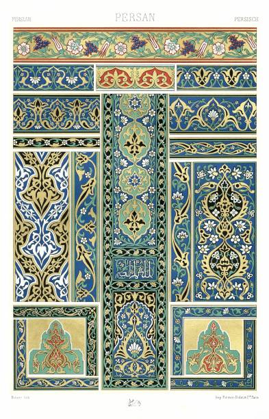 Persian - Wall Decorations - Earthenware Coverings of Interior and Exterior Architecture - Their Metallic Palette (15 patterns), by Color Ornament 1886. This work is a visual record of the decorative arts from antiquity to the 18th century. They come from a wide variety of backgrounds, such as carpentry, architecture, textiles, painting, ceramics and from cultures around the world. 
Based on design masterpieces from the past, this compilation celebrates the masters of the past and inspires an enhancement of the decorative arts for the 19th century and for generations to come. persian pottery stock illustrations
