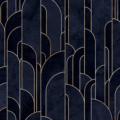 Art deco style abstract geometric forms seamless pattern background. Watercolor hand drawn dark indigo blue elements and golden lines texture. Watercolour print for textile, wallpaper, wrapping paper.