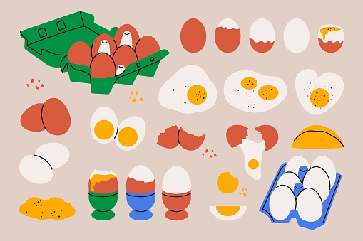Chicken eggs. Cartoon boiled raw fried egg yolk carton boxes, broken eggshell proteins organic food. Vector isolated set.