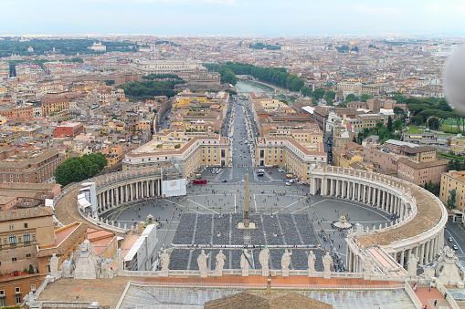 Vatican, Italy - May 10, 2013: Aerial view of Rome Italy, beautiful old city full of historical amazing buildings, cathedrals and bridges. Shot from the roof of St. Peter's Basilica in the Vatican City