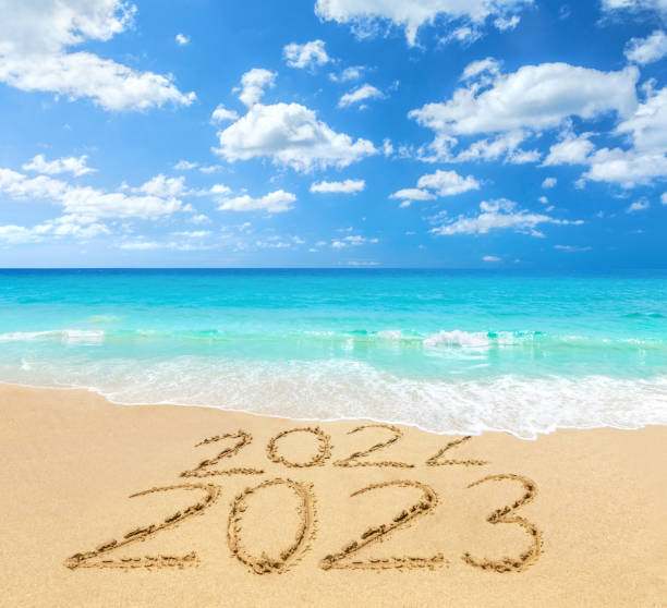 istock 2022 and 2023 on a beach sand 1441015695