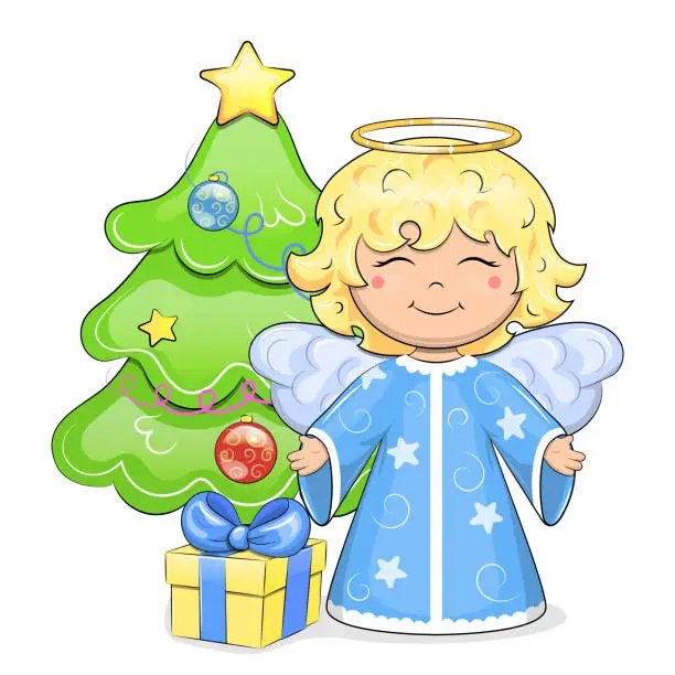 Vector illustration of Cute cartoon angel with Christmas tree and gift.