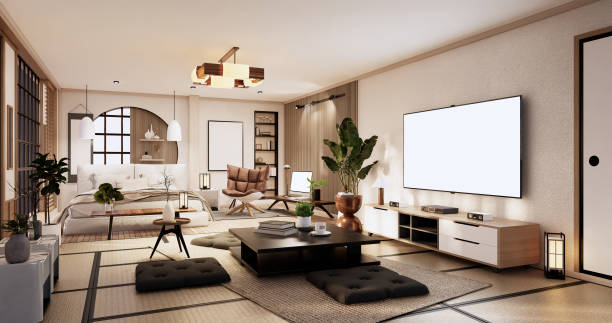 istock Minimalist wabi sabi interior mock up design, room muji sytle. 3D rendering. 1441016405