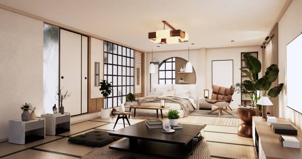 istock Minimalist wabi sabi interior mock up design, room muji sytle. 3D rendering. 1441016416