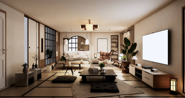 Minimalist wabi sabi interior mock up design, room muji sytle. 3D rendering.