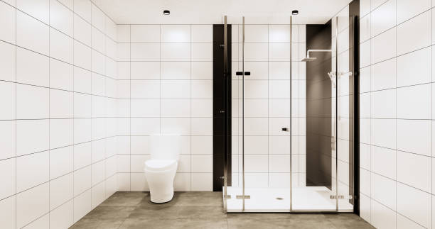 istock Granite Tiles white and black wall design Toilet, room modern style. 3D illustration rendering 1441016516