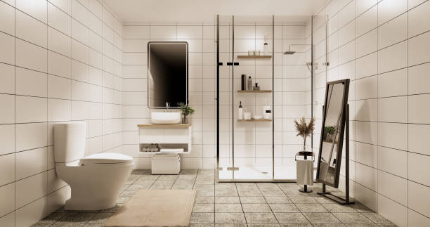 istock Granite Tiles white and black wall design Toilet, room modern style. 3D illustration rendering 1441016582
