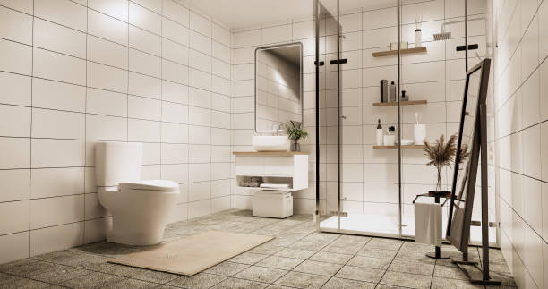 istock Granite Tiles white and black wall design Toilet, room modern style. 3D illustration rendering 1441016595