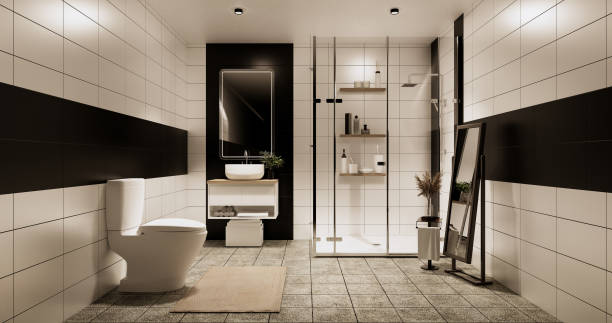 istock Granite Tiles white and black wall design Toilet, room modern style. 3D illustration rendering 1441016599
